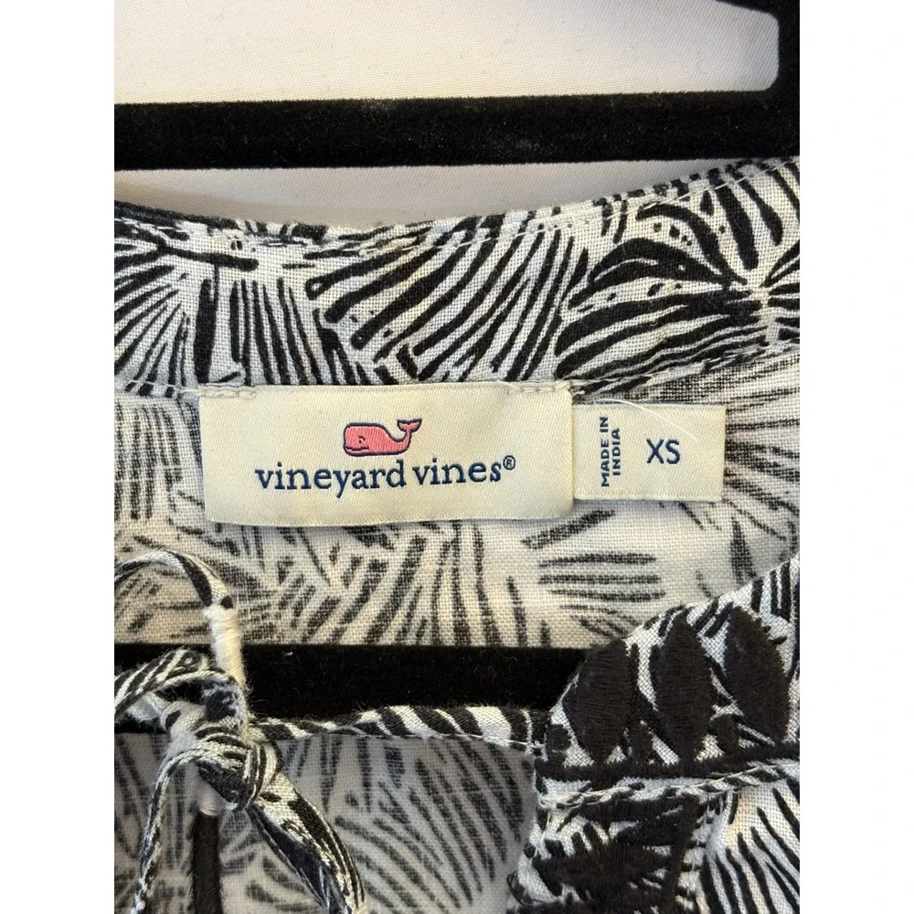 Vineyard Vines Linen Dress XS Embroidered Black White Palm Print Pom Pom Boho